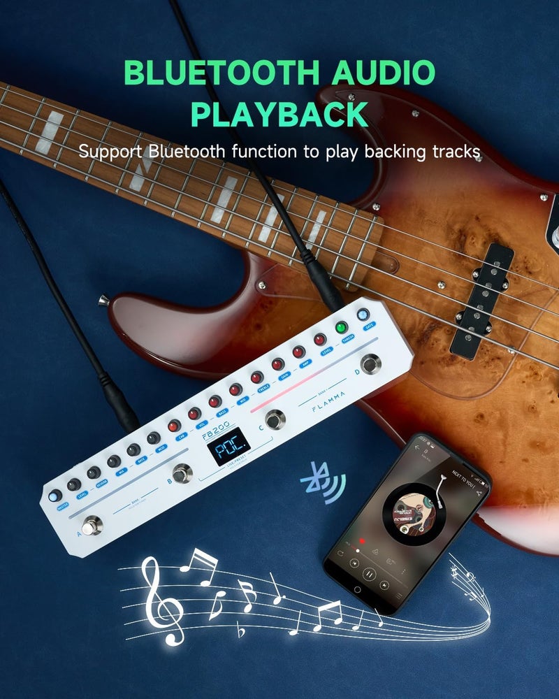 FLAMMA FB200 Bass Multi-Effects Pedal Intelligent Processor with 10 Bass-specific AMP models 10 CAB Sim 9 IR Slots 40 Drum Rhythm 40 Presets 5 Mod 5 Reverb Tuner APP Control Headphone Output - Image 5